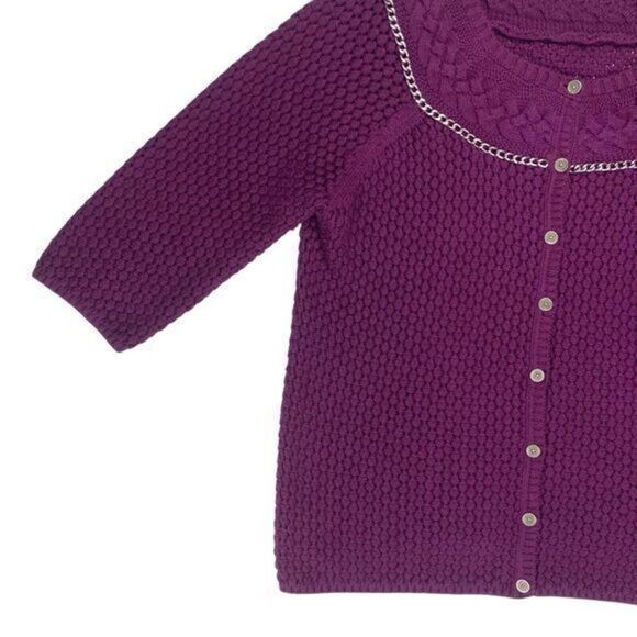 Liz Claiborne Cardigan Women XL Purple Cable Knit Chain Trim Button Down Sweater - Picture 4 of 16